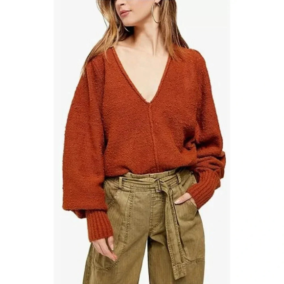 Free People Deep V-neck Sweater in Burnt Butter Size Small - Picture 1 of 9